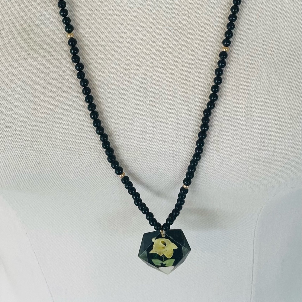 Long Black Onyx Necklace with Yellow Rose Lucite Pendant  Vintage Handmade